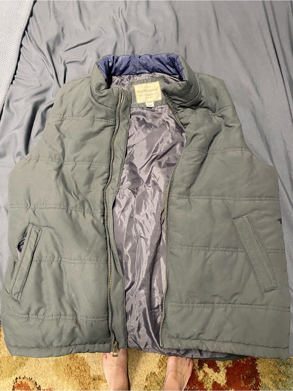 Weatherproof Olive Quilted Puffer Vest with Navy Trim